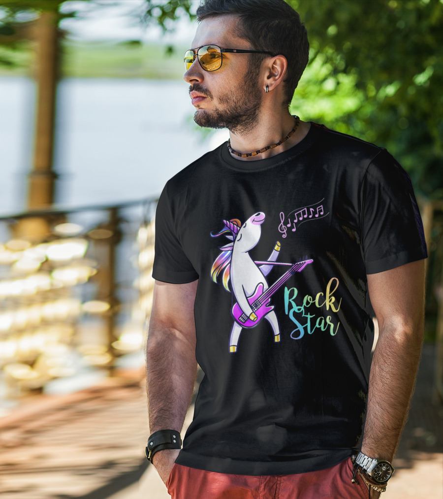 Unicorn Rock Star With Guitar And Musical Notes T-Shirt