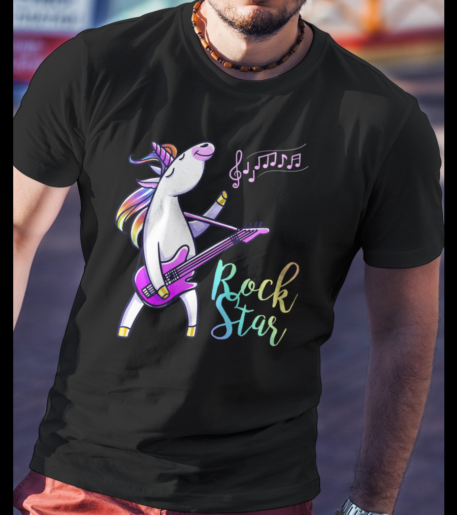 Unicorn Rock Star With Guitar And Musical Notes T-Shirt