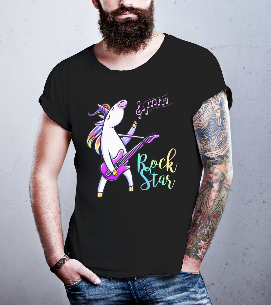 Unicorn Rock Star With Guitar And Musical Notes T-Shirt