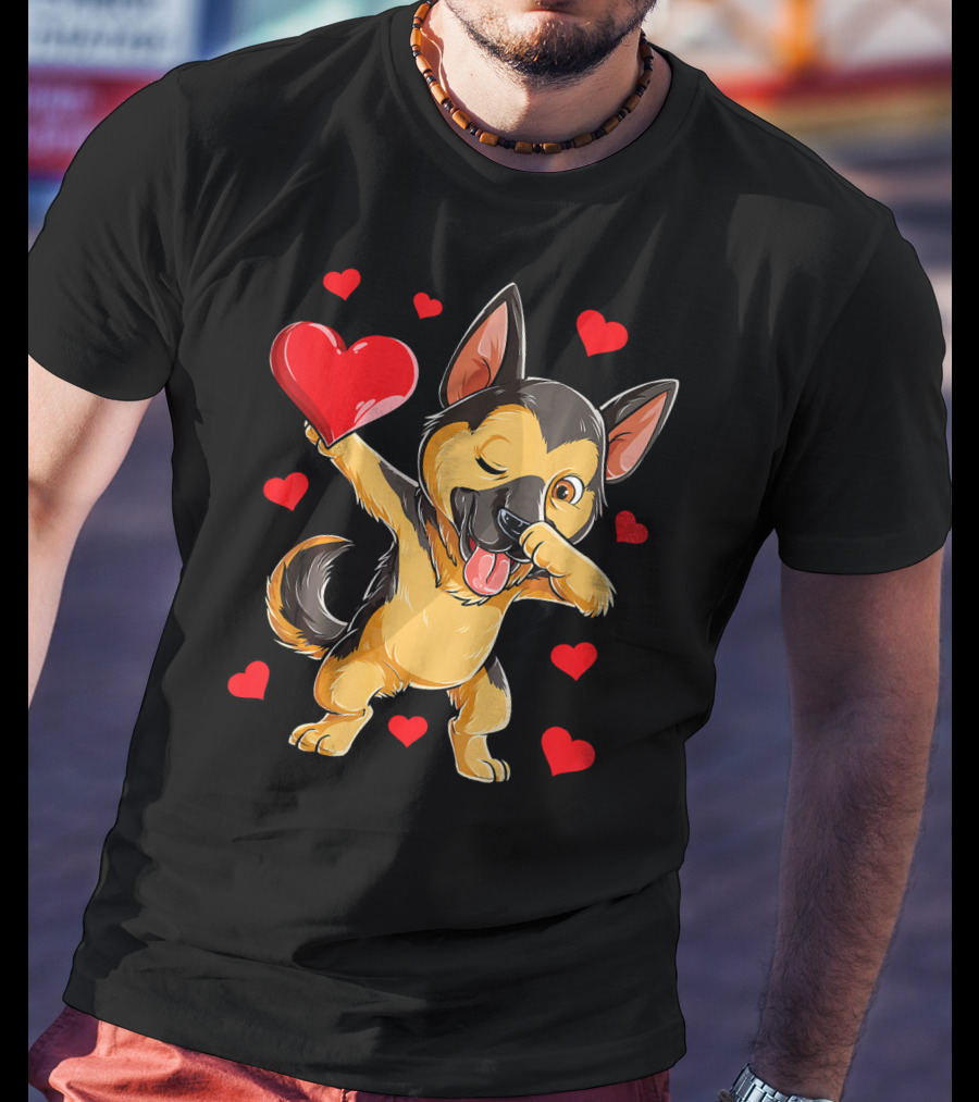 Dabbing German Shepherd Holding Heart Surrounded By Red Valentines Hearts T-Shirt
