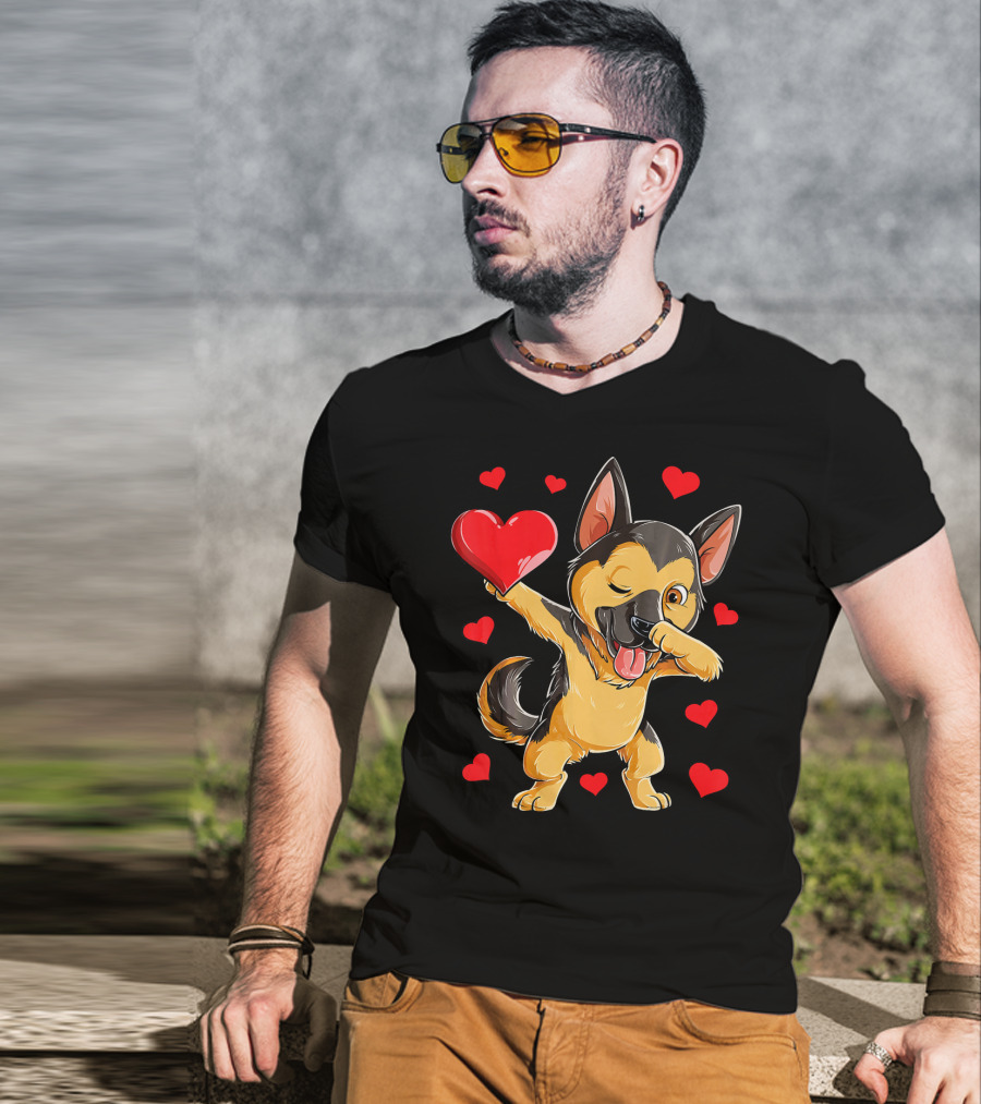 Dabbing German Shepherd Holding Heart Surrounded By Red Valentines Hearts T-Shirt