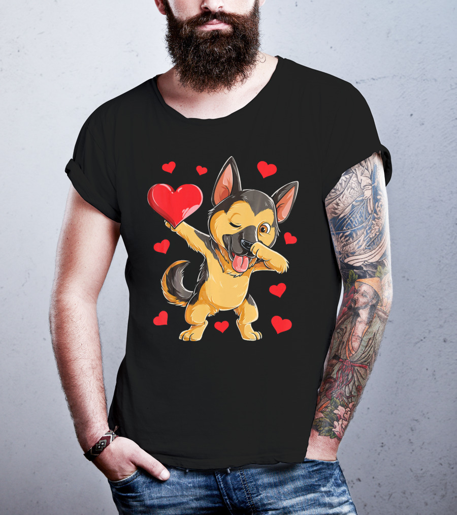 Dabbing German Shepherd Holding Heart Surrounded By Red Valentines Hearts T-Shirt