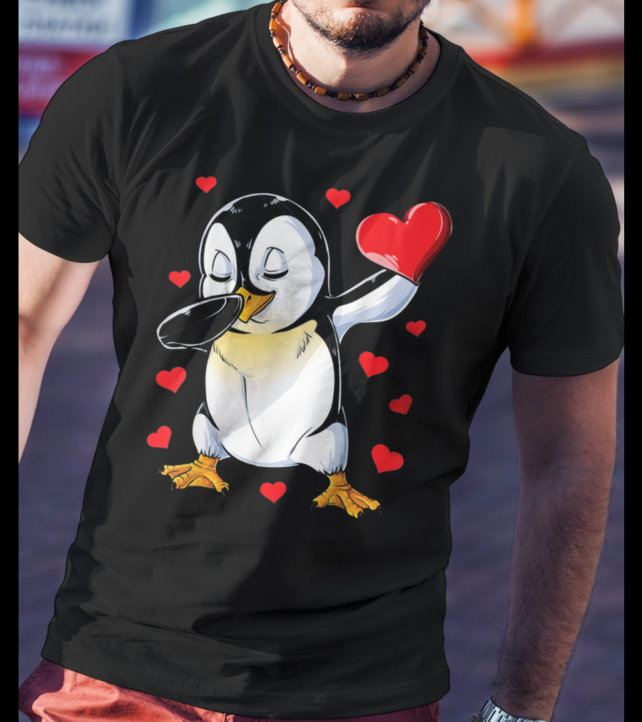 Valentines Dabbing Penguin With Heart Surrounded By Red Hearts T-Shirt