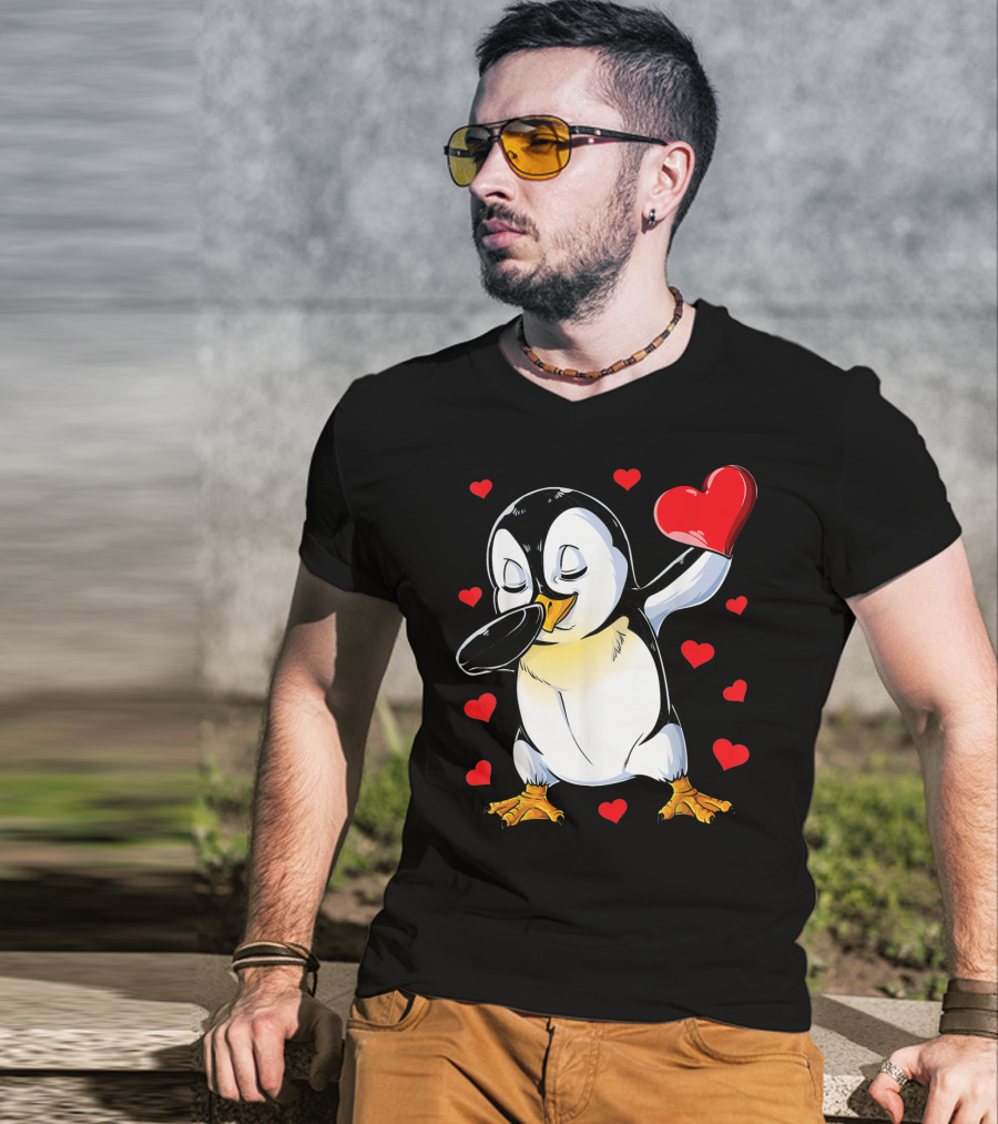 Valentines Dabbing Penguin With Heart Surrounded By Red Hearts T-Shirt