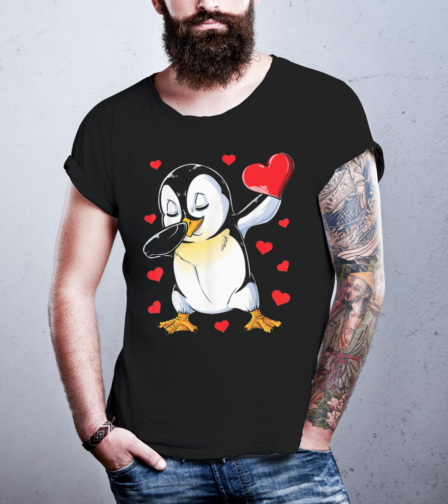 Valentines Dabbing Penguin With Heart Surrounded By Red Hearts T-Shirt