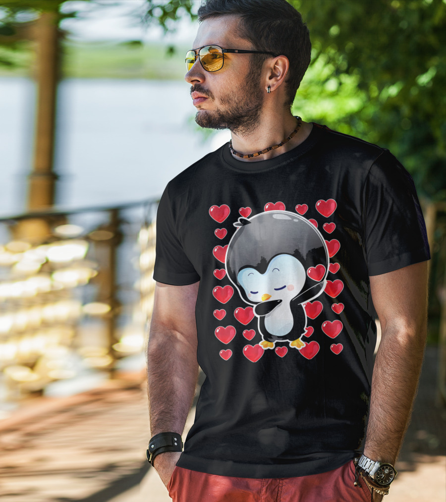 Valentines Day Penguin Dabbing Surrounded By Hearts T-Shirt