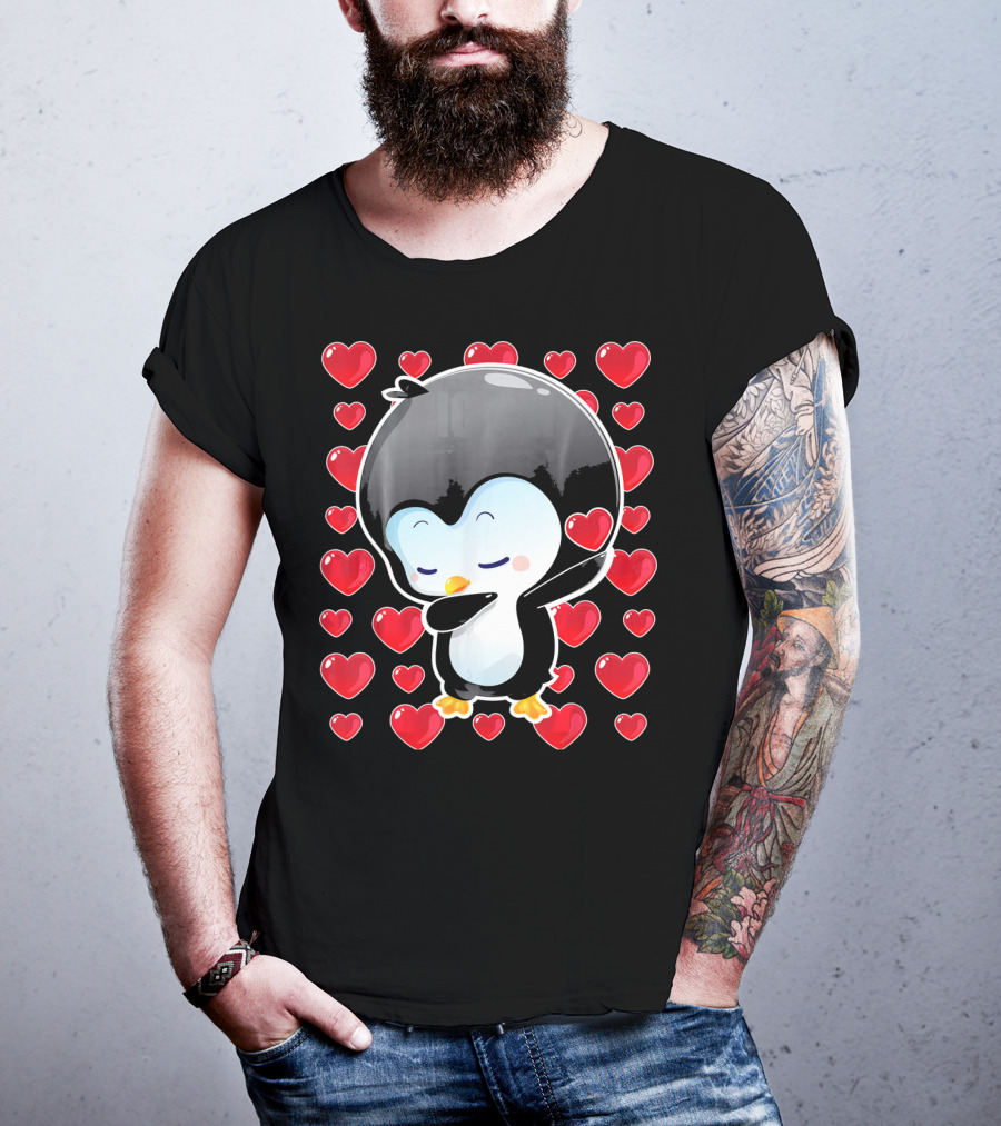 Valentines Day Penguin Dabbing Surrounded By Hearts T-Shirt