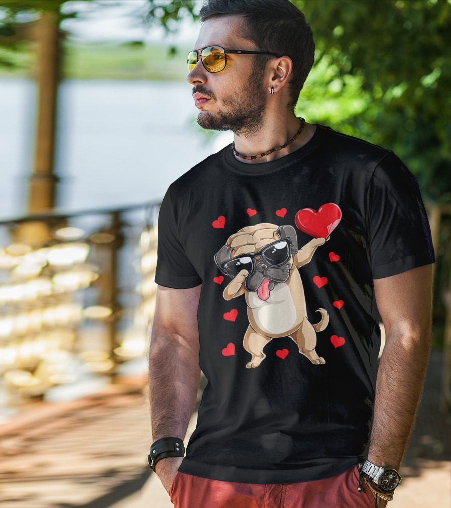 Dabbing Pug Holding Heart Surrounded By Red Hearts Valentines Day T-Shirt