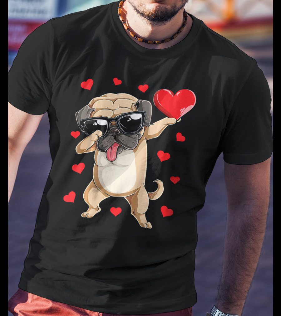 Dabbing Pug Holding Heart Surrounded By Red Hearts Valentines Day T-Shirt