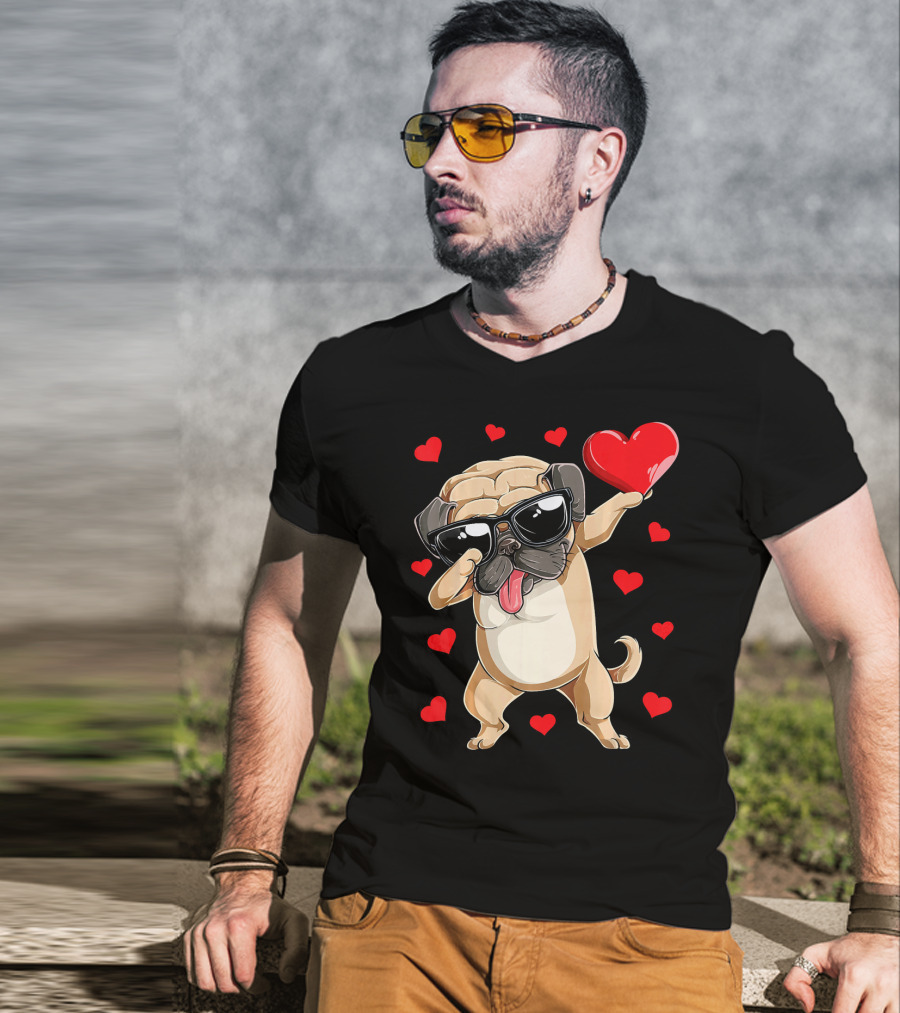 Dabbing Pug Holding Heart Surrounded By Red Hearts Valentines Day T-Shirt