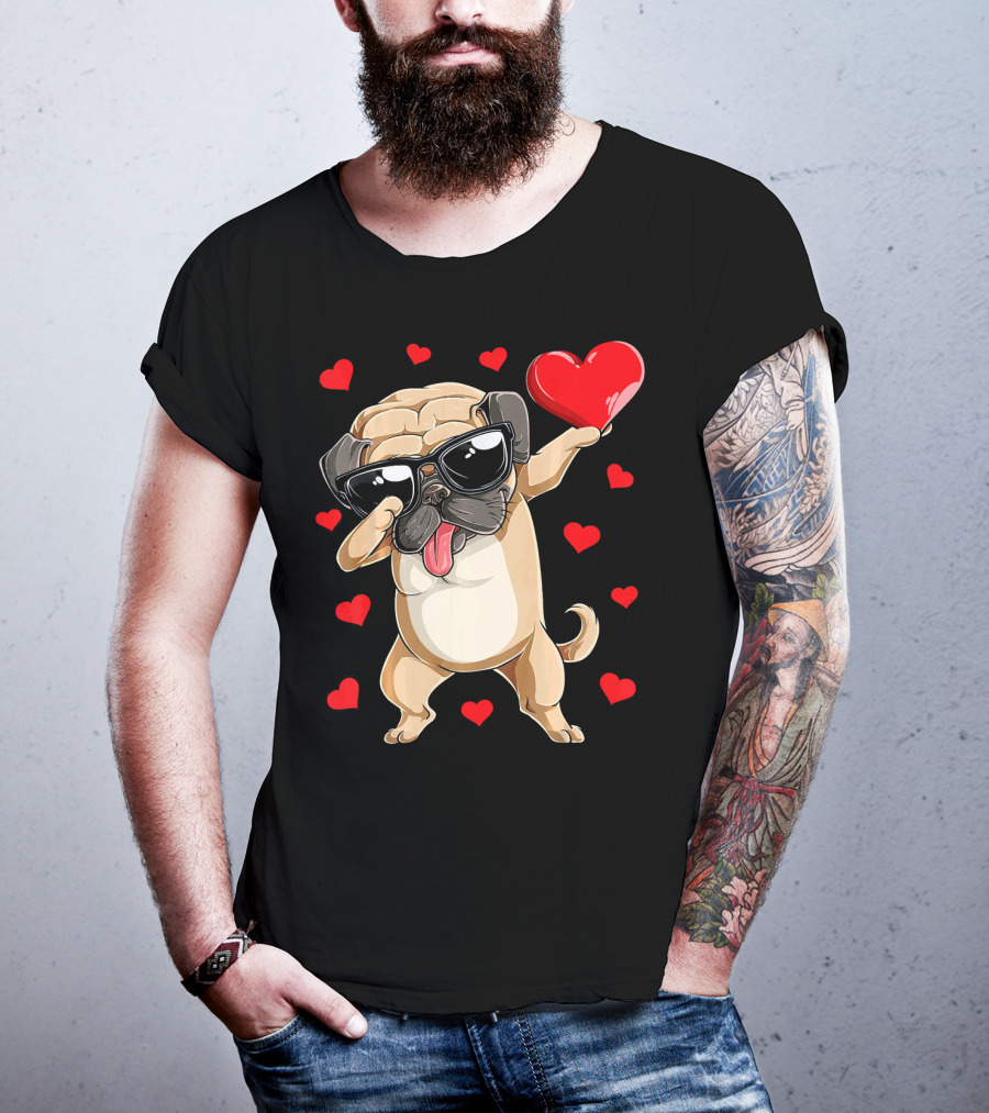 Dabbing Pug Holding Heart Surrounded By Red Hearts Valentines Day T-Shirt
