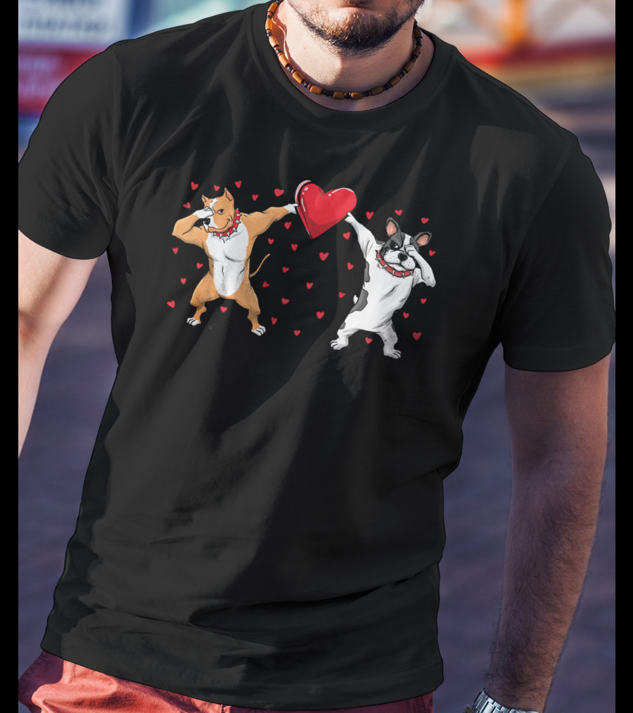 Pitbull Bulldog Dabbing With Heart Valentines T-Shirt