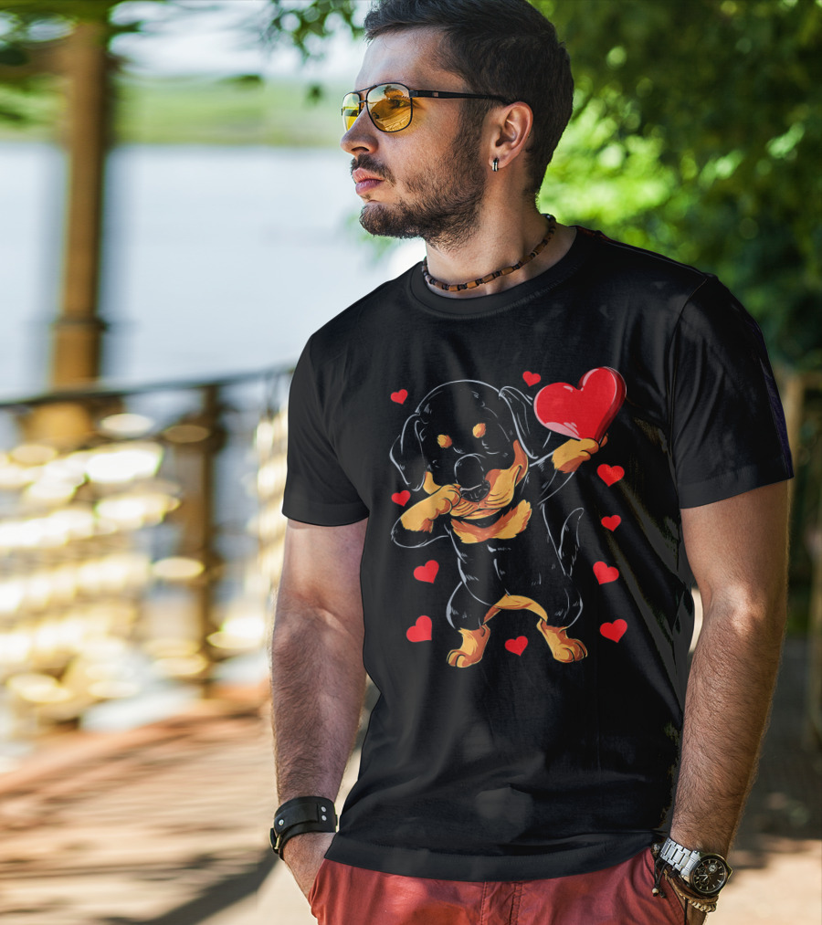 Dabbing Rottweiler Heart Valentine With Red Hearts T-Shirt