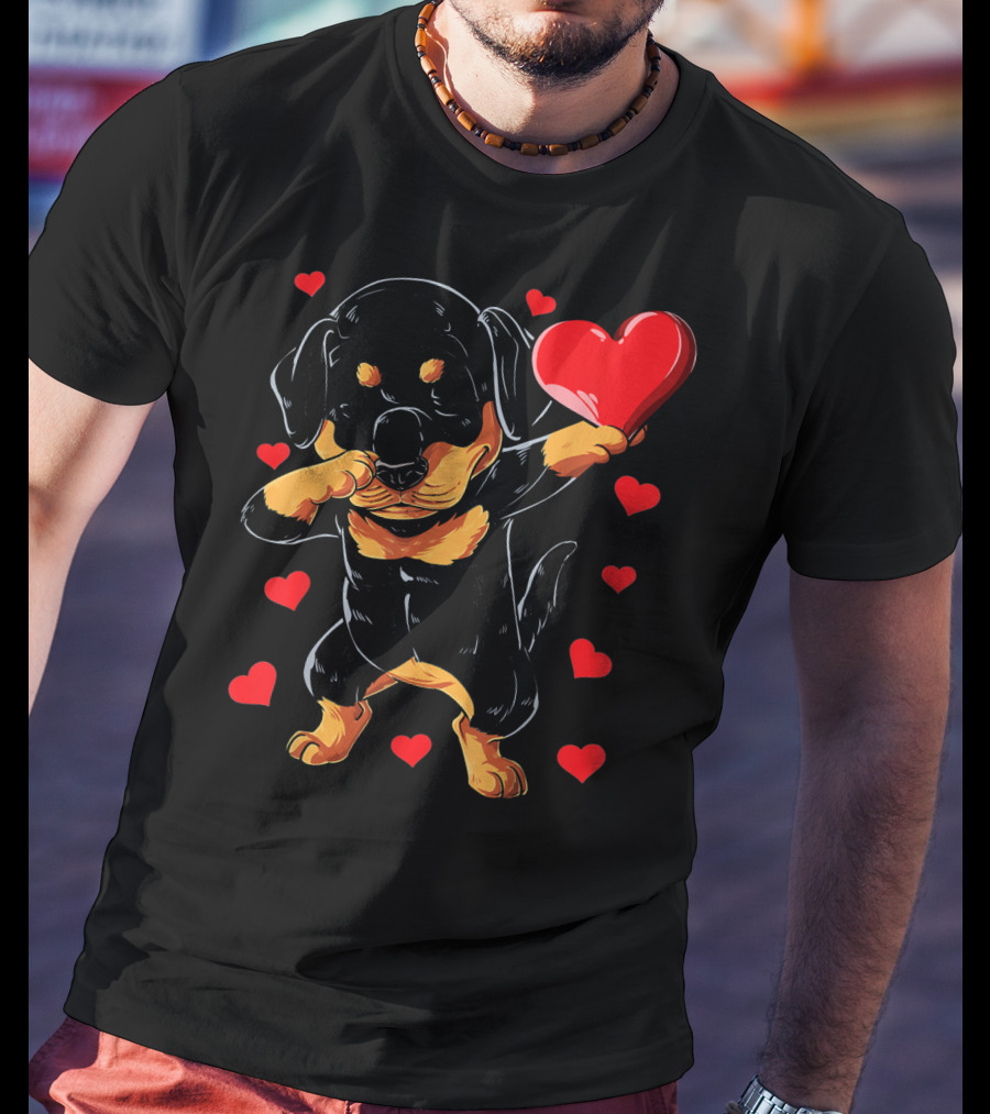 Dabbing Rottweiler Heart Valentine With Red Hearts T-Shirt