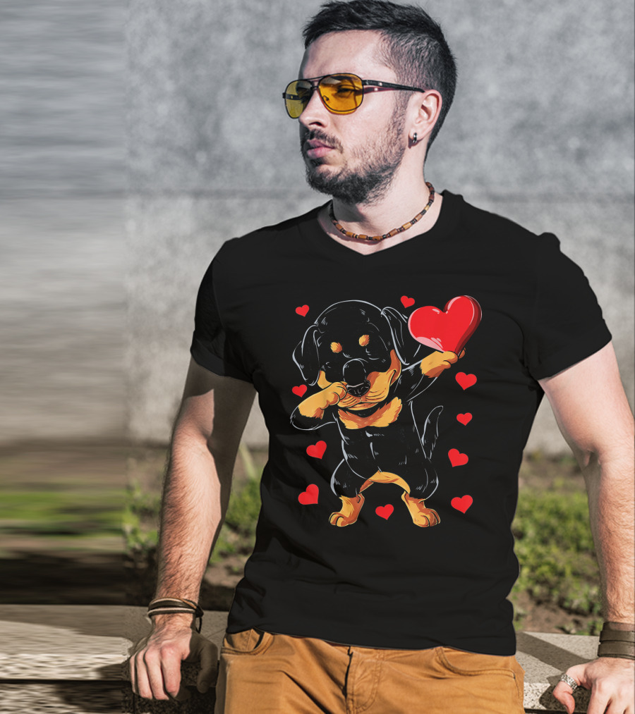 Dabbing Rottweiler Heart Valentine With Red Hearts T-Shirt