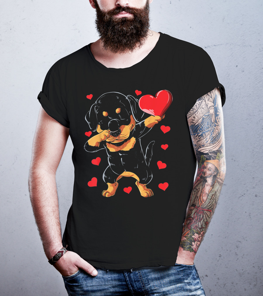 Dabbing Rottweiler Heart Valentine With Red Hearts T-Shirt