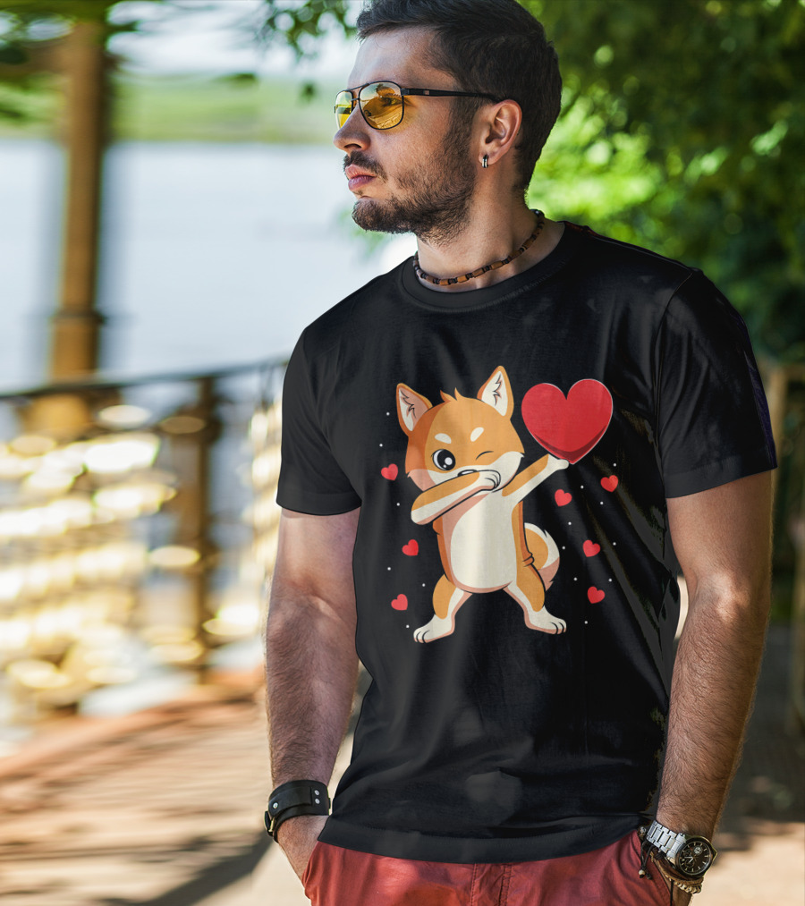 Dabbing Shiba Inu Holding Heart Valentine’s Day Dog With Hearts T-Shirt