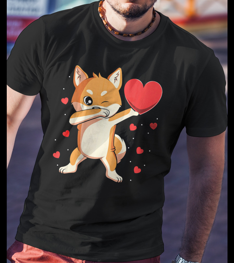 Dabbing Shiba Inu Holding Heart Valentine’s Day Dog With Hearts T-Shirt