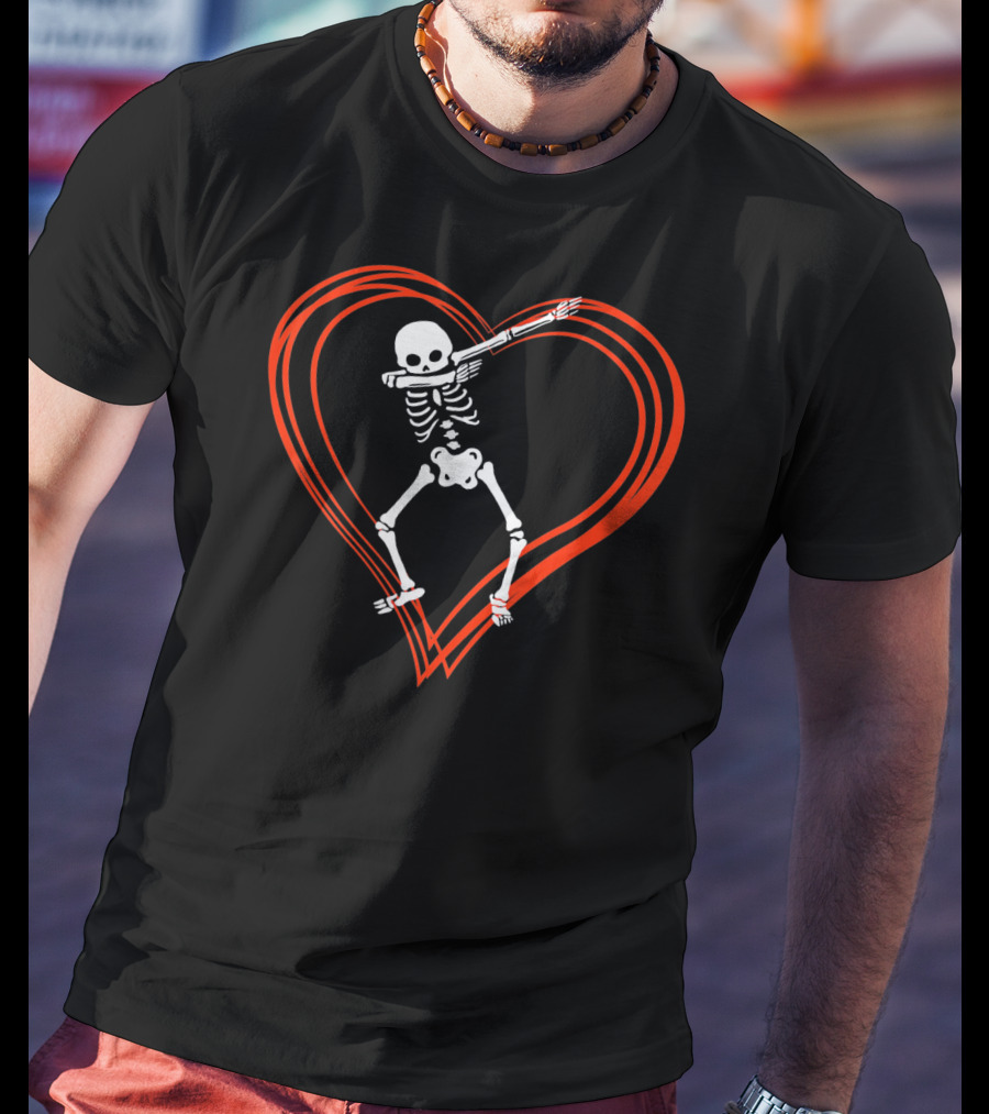 Dabbing Skeleton Dab Skull Heart Valentine Day T-Shirt