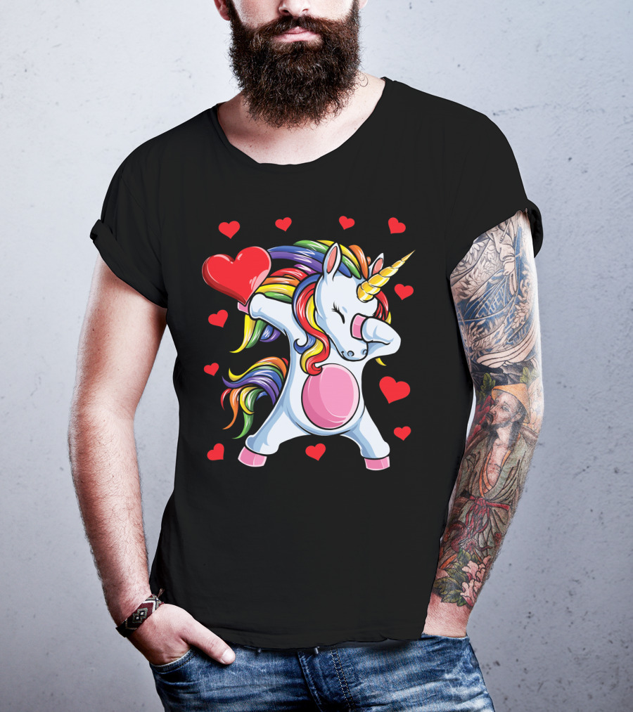 Rainbow Dabbing Unicorn With Hearts Valentine's T-Shirt