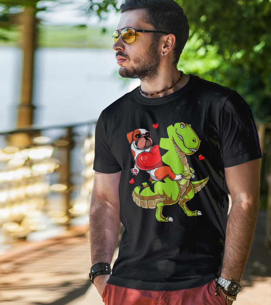 English Bulldog Hugging Red Heart Riding Green T-Rex Dinosaur With Hearts T-Shirt