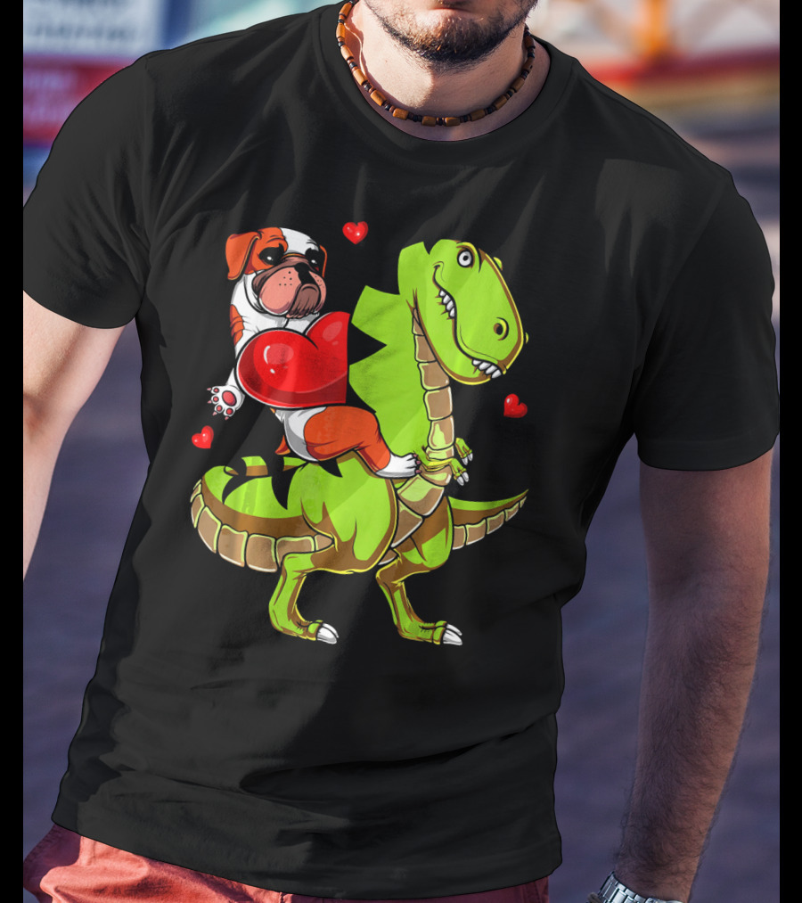 English Bulldog Hugging Red Heart Riding Green T-Rex Dinosaur With Hearts T-Shirt
