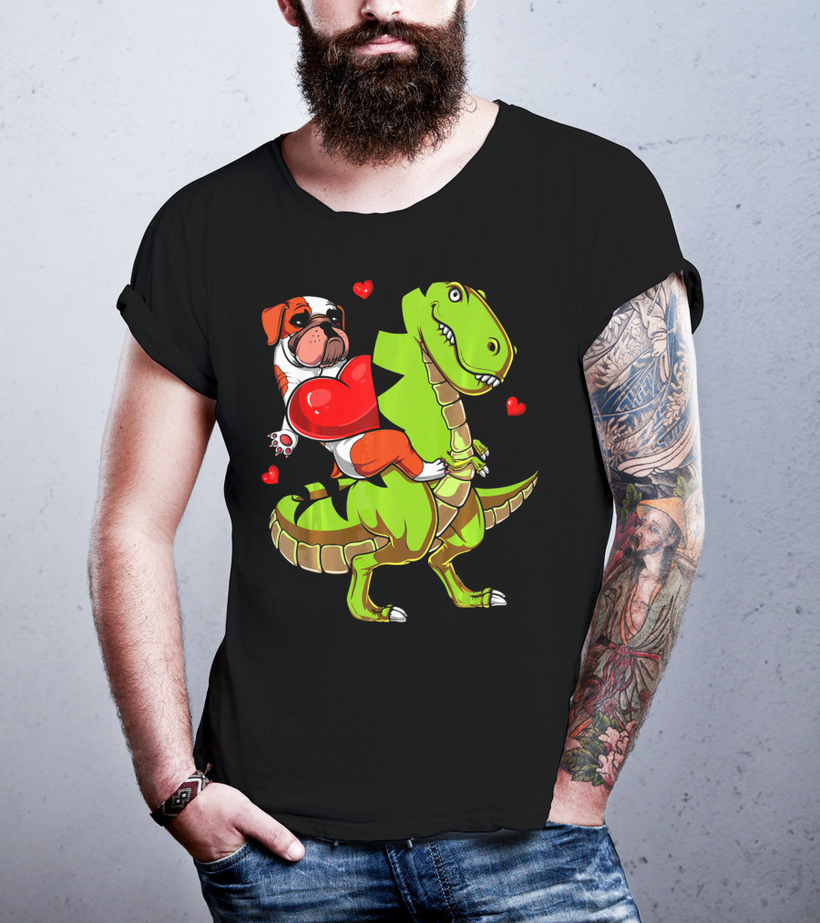 English Bulldog Hugging Red Heart Riding Green T-Rex Dinosaur With Hearts T-Shirt