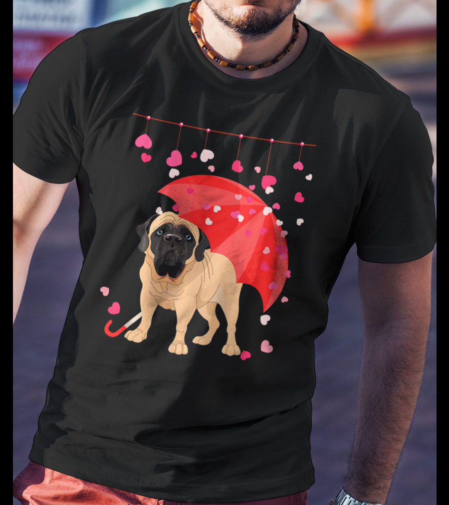 English Mastiff Under Red Umbrella With Raining Hearts Valentine T-Shirt