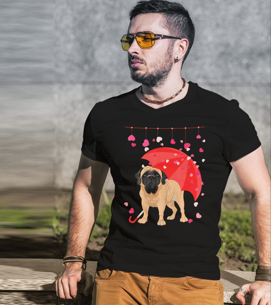 English Mastiff Under Red Umbrella With Raining Hearts Valentine T-Shirt