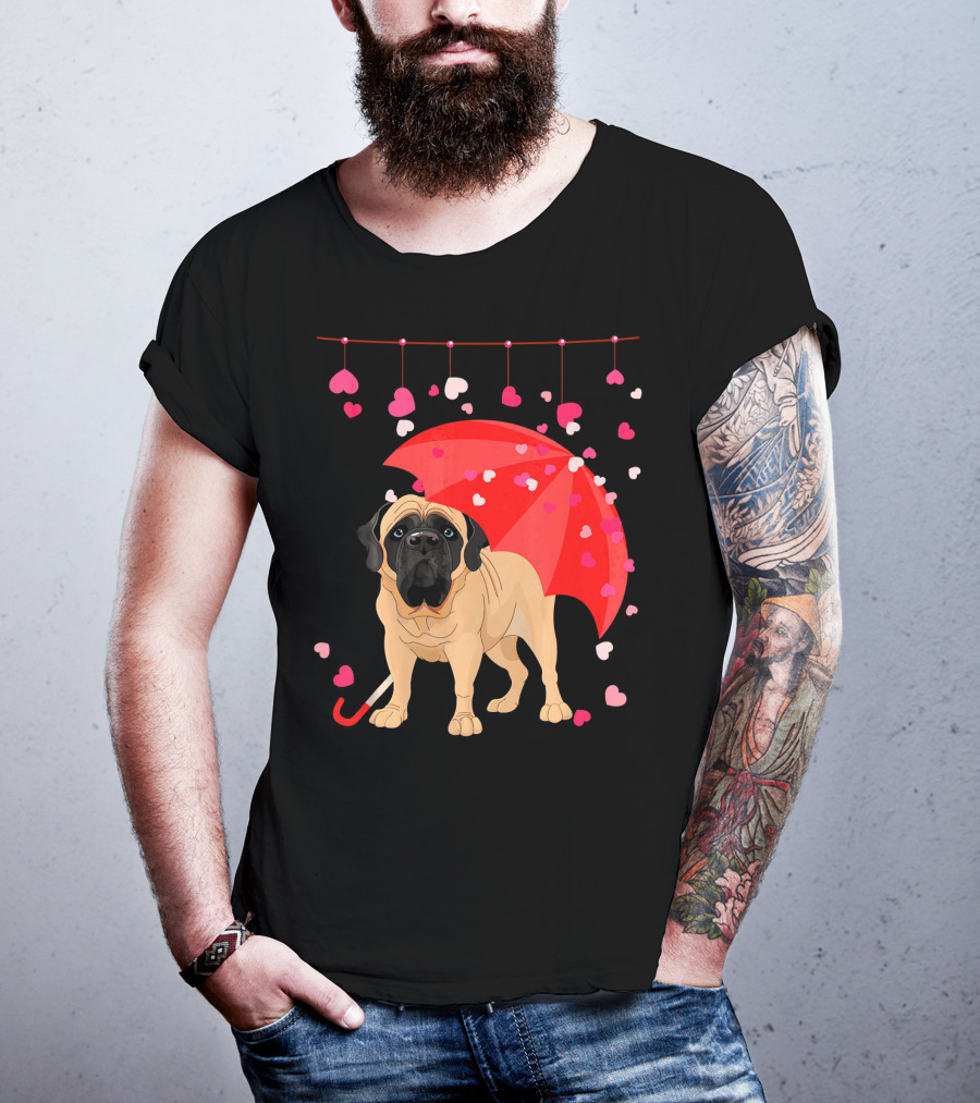 English Mastiff Under Red Umbrella With Raining Hearts Valentine T-Shirt