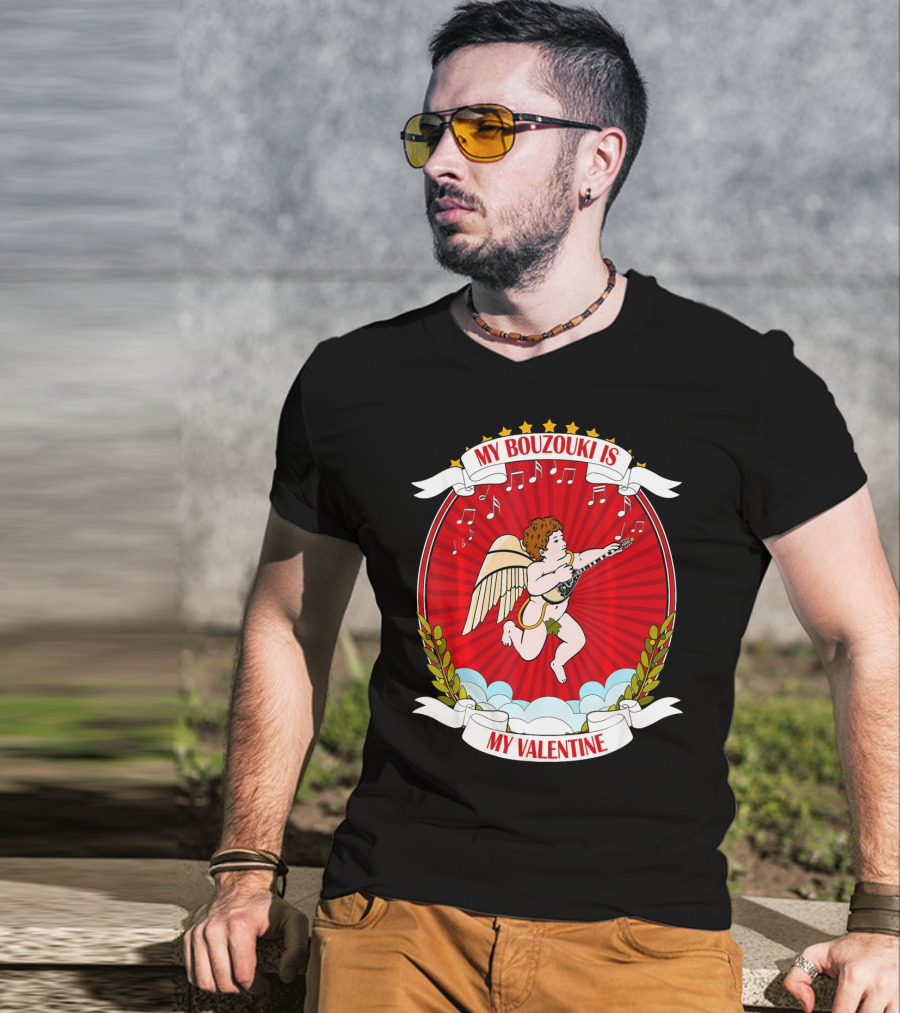 My Bouzouki Is My Valentine Cherub With Wings And Musical Notes T-Shirt