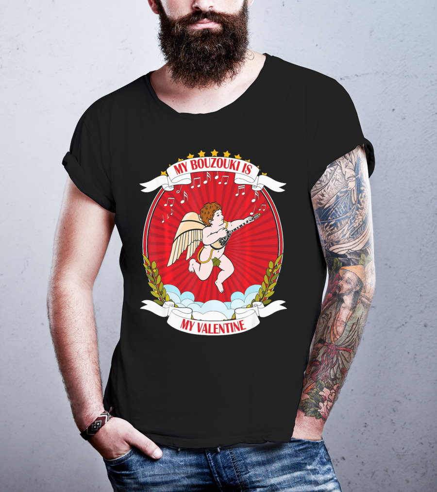 My Bouzouki Is My Valentine Cherub With Wings And Musical Notes T-Shirt