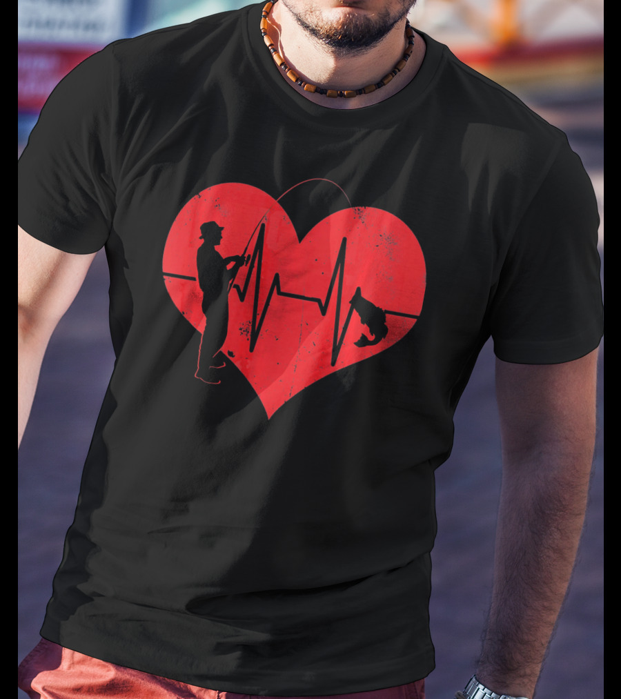 Fishing Heartbeat Valentines Day Heart Fisherman T-Shirt