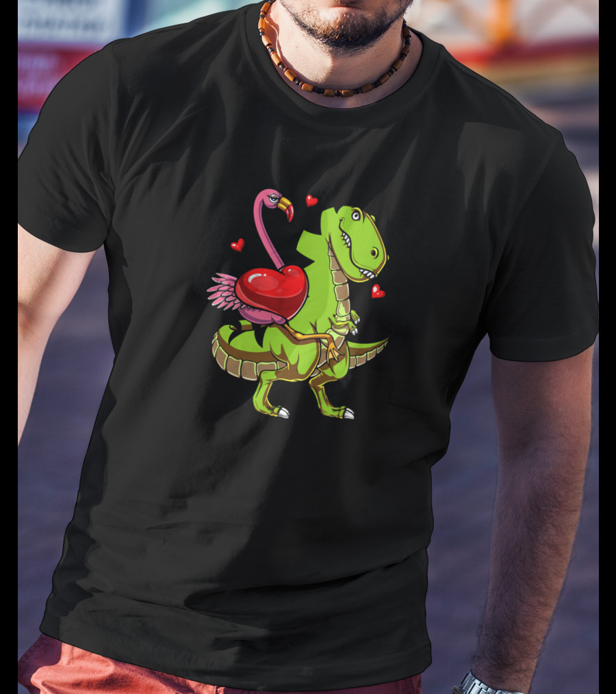 Flamingo Riding T-Rex Dinosaur With Hearts T-Shirt