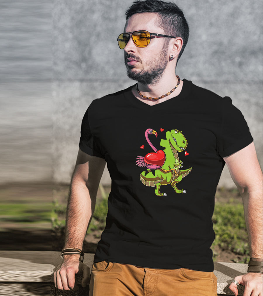 Flamingo Riding T-Rex Dinosaur With Hearts T-Shirt