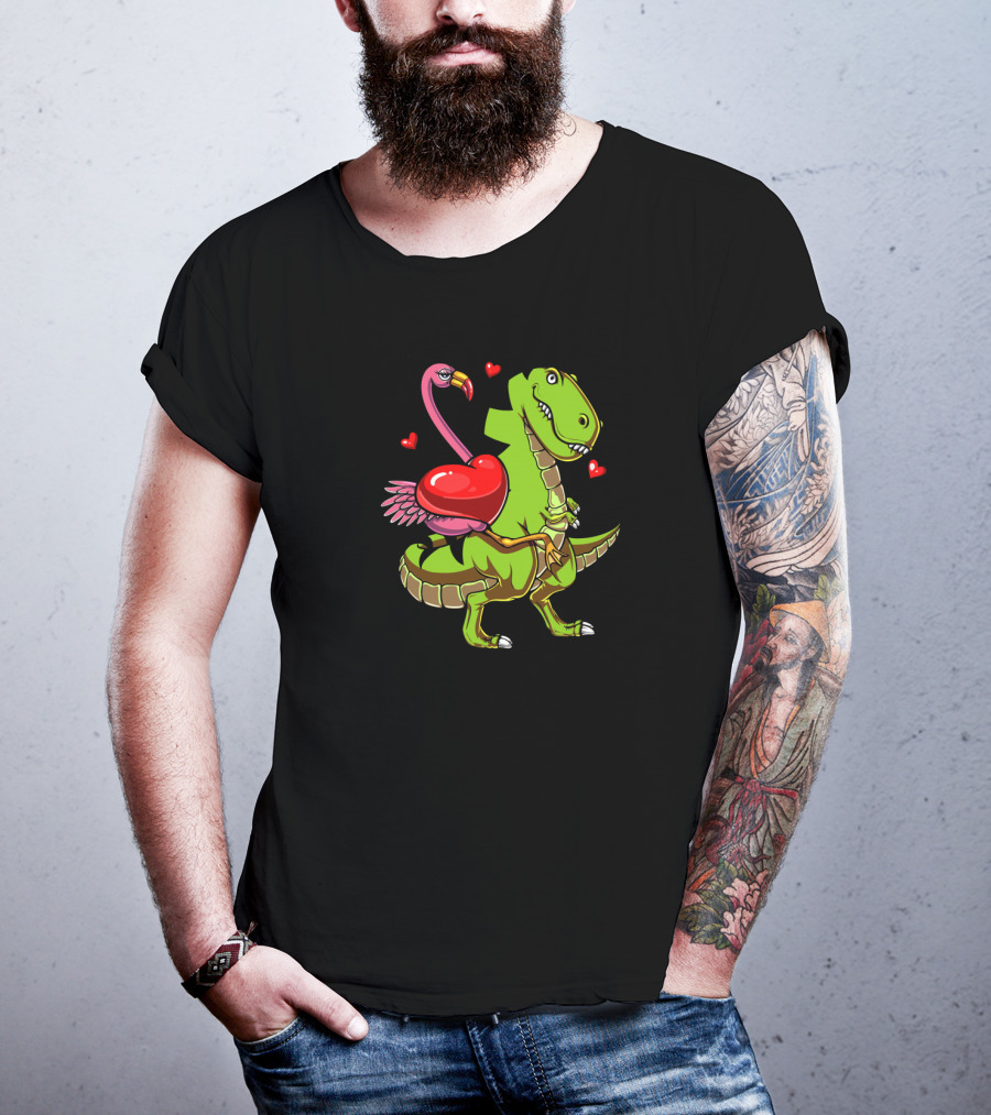 Flamingo Riding T-Rex Dinosaur With Hearts T-Shirt