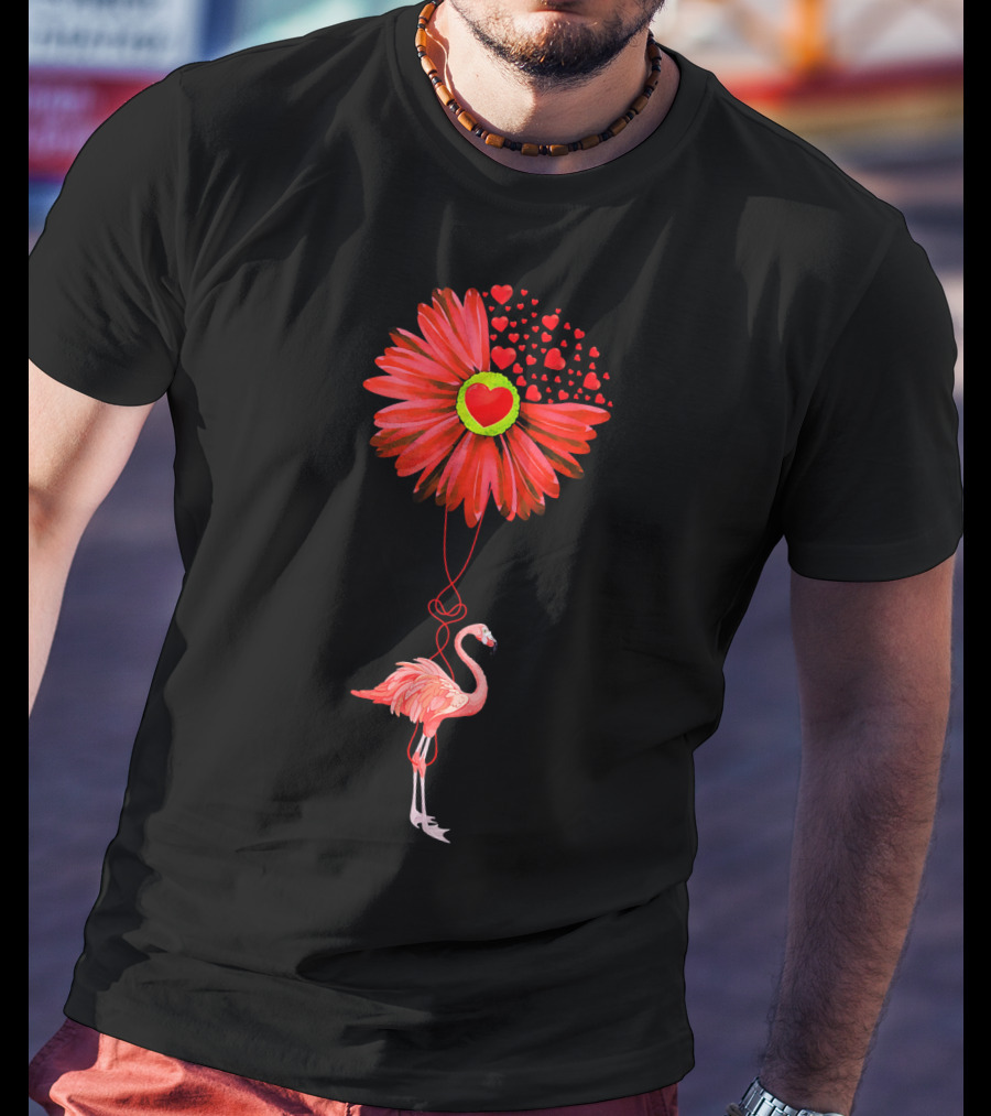 Flamingo With Red Heart Sunflower And Balloon Of Love T-Shirt