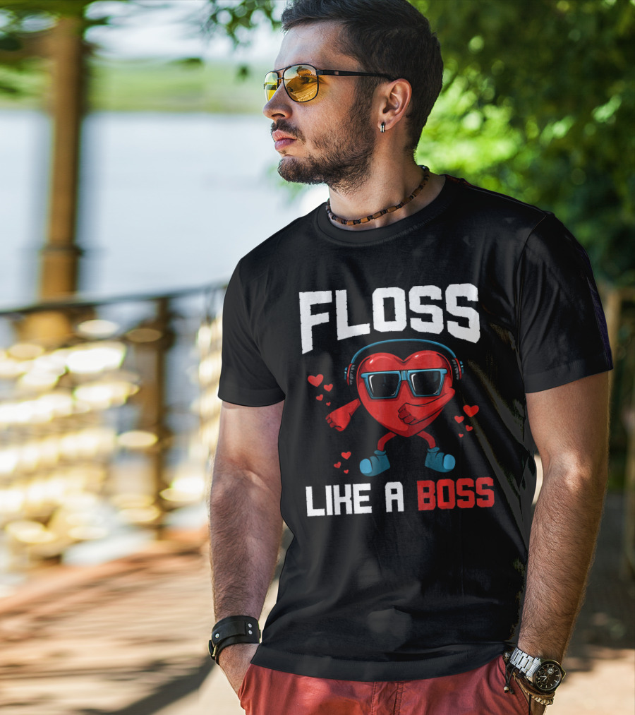 Floss Like A Boss Heart Sunglasses Headphones Valentine's Day T-Shirt