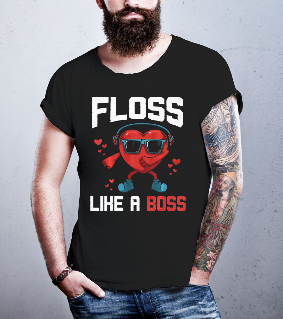 Floss Like A Boss Heart Sunglasses Headphones Valentine's Day T-Shirt