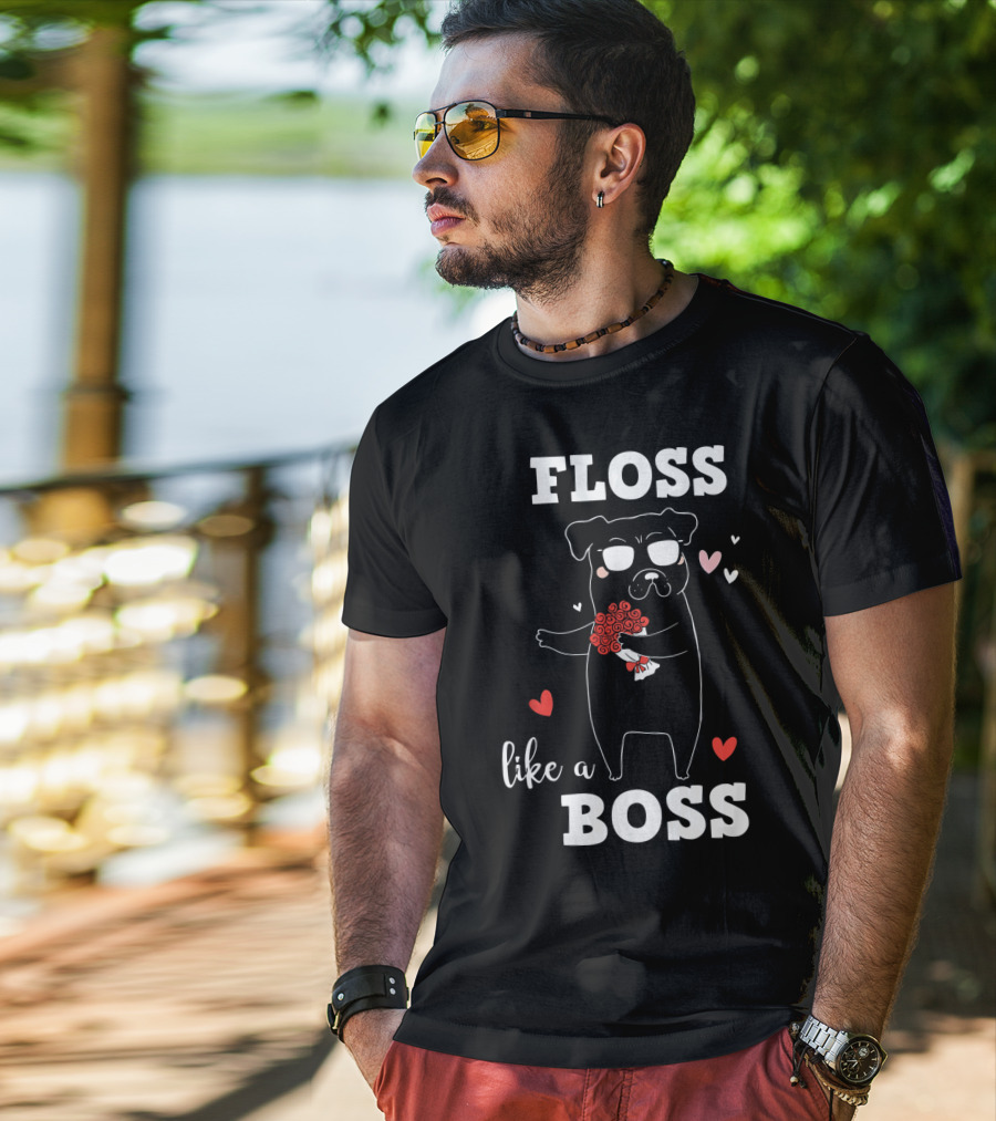 Floss Like A Boss Valentines Day Dog Holding Flowers With Hearts T-Shirt