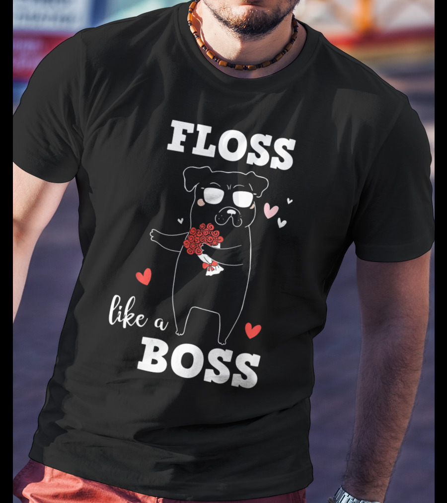 Floss Like A Boss Valentines Day Dog Holding Flowers With Hearts T-Shirt