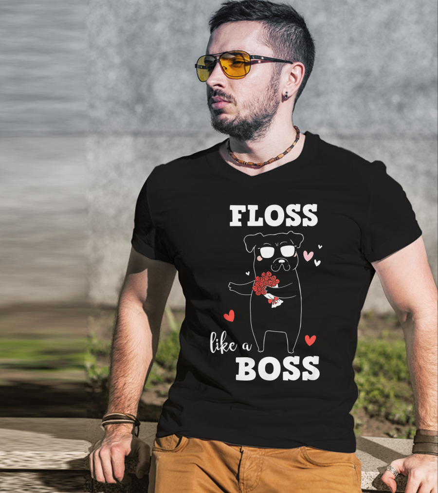 Floss Like A Boss Valentines Day Dog Holding Flowers With Hearts T-Shirt