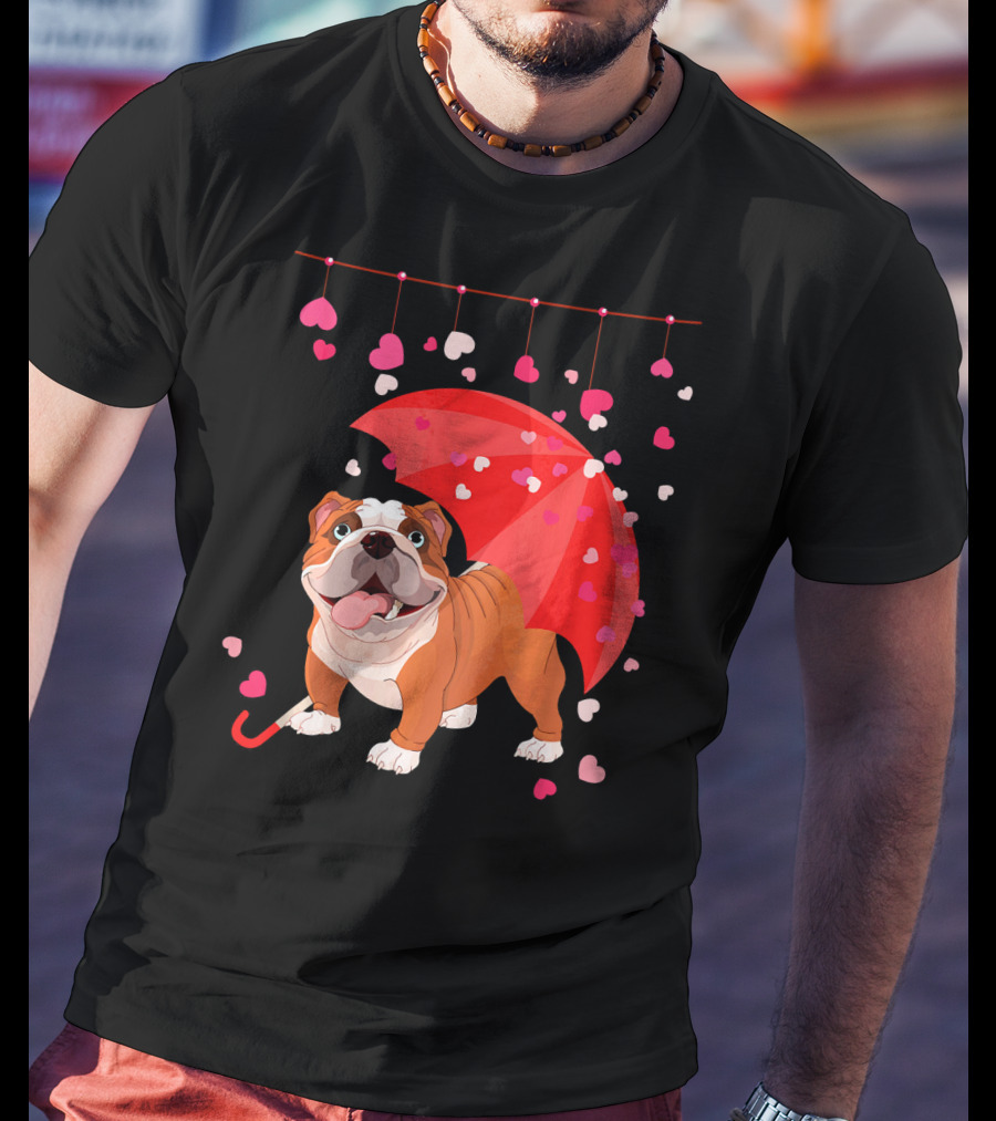 French Bulldog Raining Hearts Under Red Umbrella Valentines T-Shirt