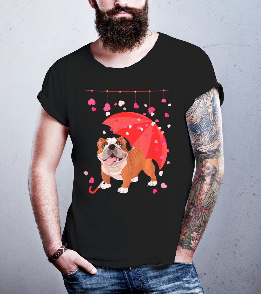 French Bulldog Raining Hearts Under Red Umbrella Valentines T-Shirt
