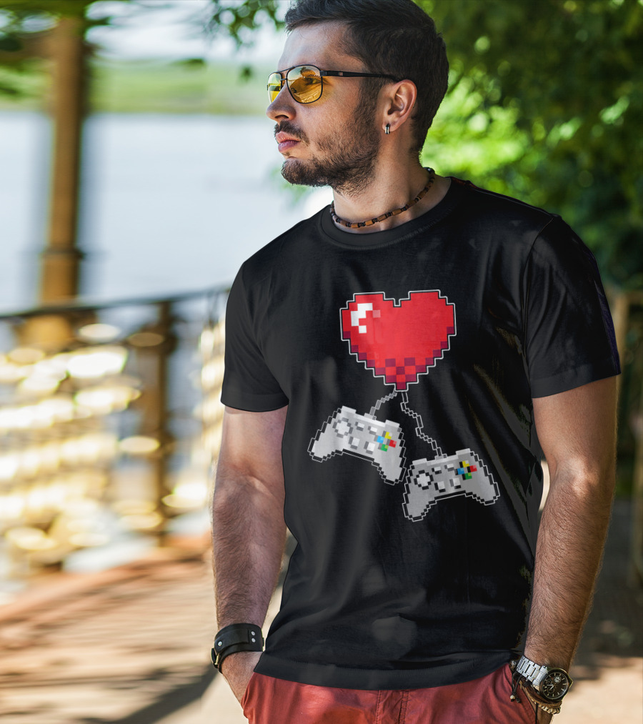Pixel Heart Gaming Valentine Dual Controller Fun T-Shirt
