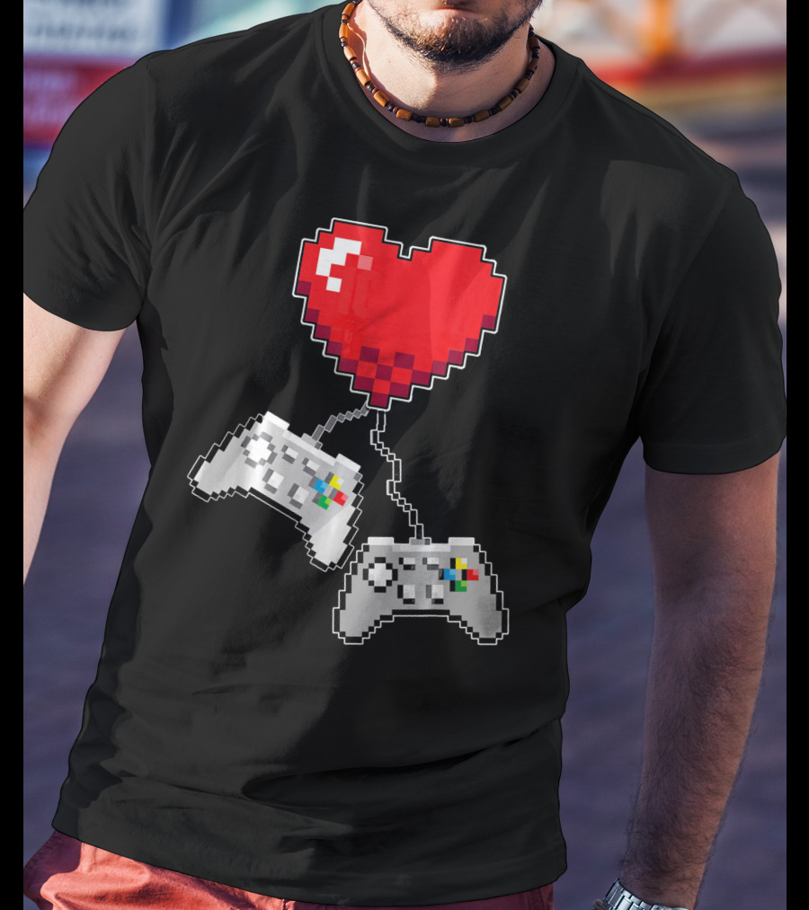 Pixel Heart Gaming Valentine Dual Controller Fun T-Shirt