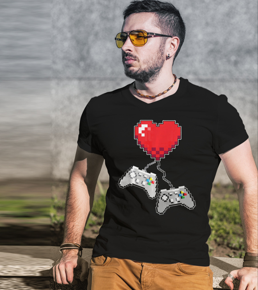 Pixel Heart Gaming Valentine Dual Controller Fun T-Shirt