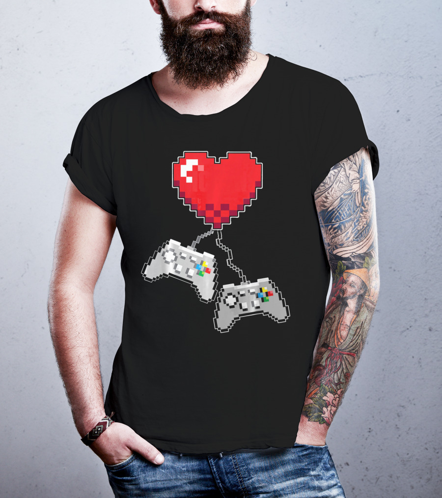 Pixel Heart Gaming Valentine Dual Controller Fun T-Shirt