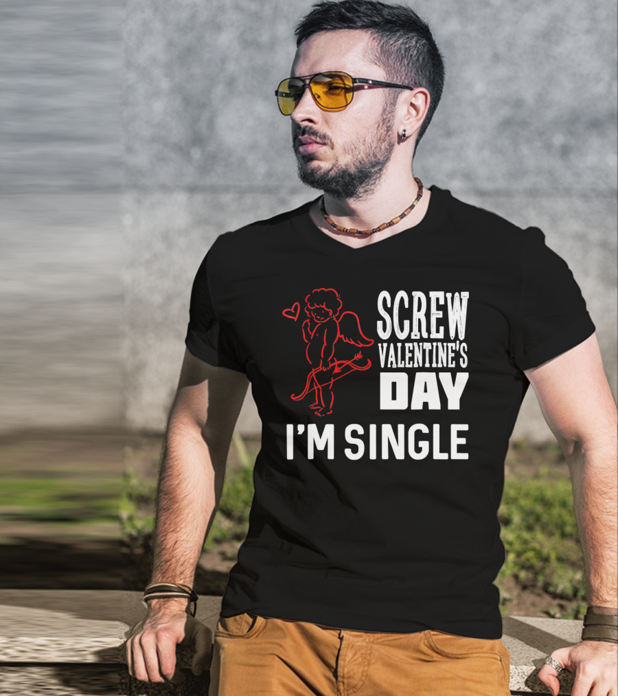 Screw Valentine's Day I'm Single Cupid Heart Drawing T-Shirt
