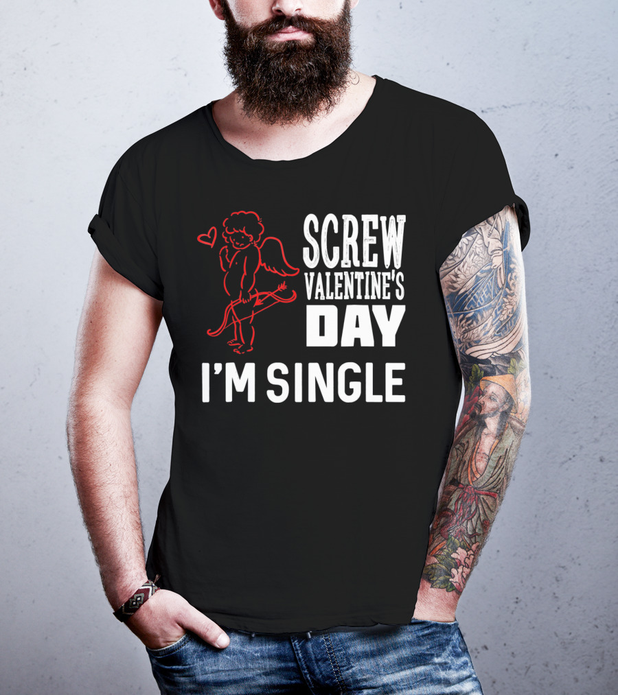 Screw Valentine's Day I'm Single Cupid Heart Drawing T-Shirt